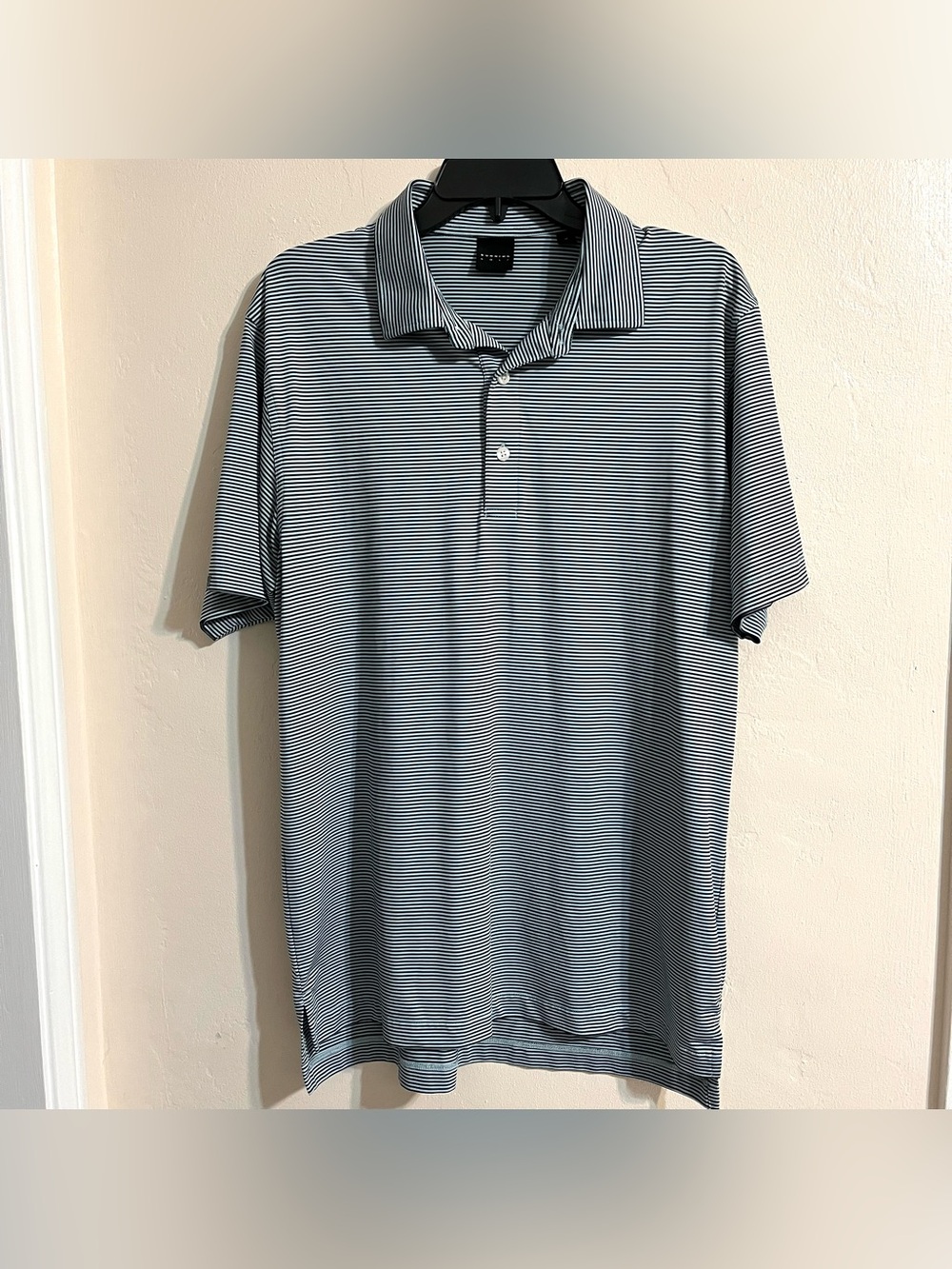 Men's Blue Striped Dunning Golf Polo Shirt Oversized Medium fits like a Large